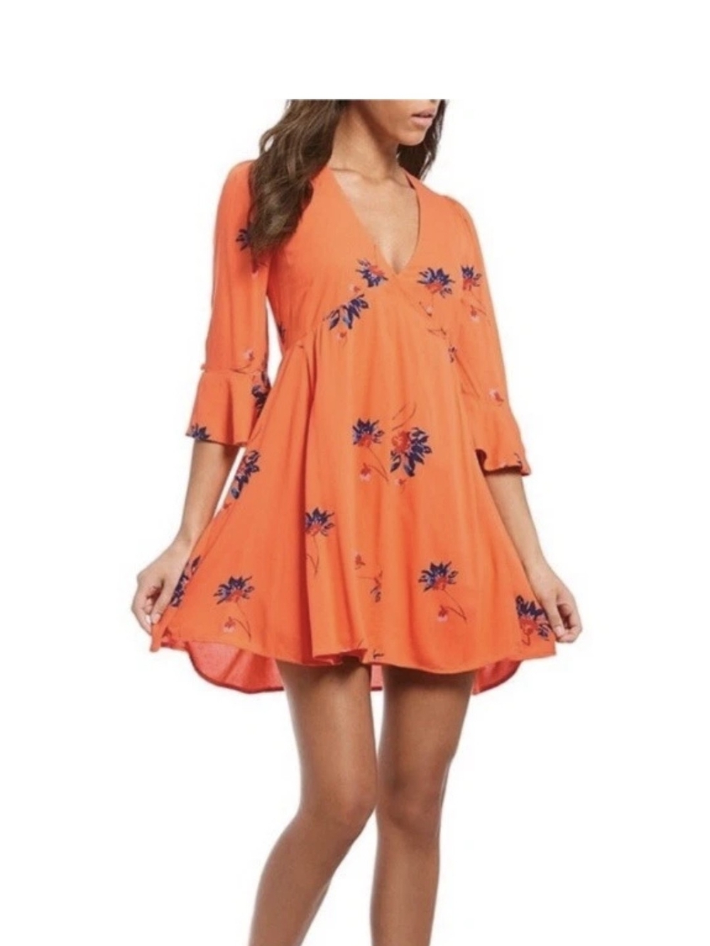 New Free People Orange Floral Wrap Front Bell Sleeve Swing Dress XS